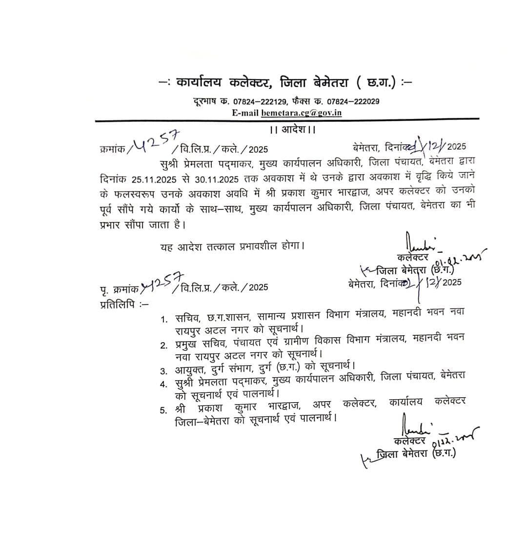मुख्य कार्यपालन अधिकारी, जिला पंचायत बेमेतरा का प्रभार अपर कलेक्टर प्रकाश कुमार भारद्वाज को सौंपा गया