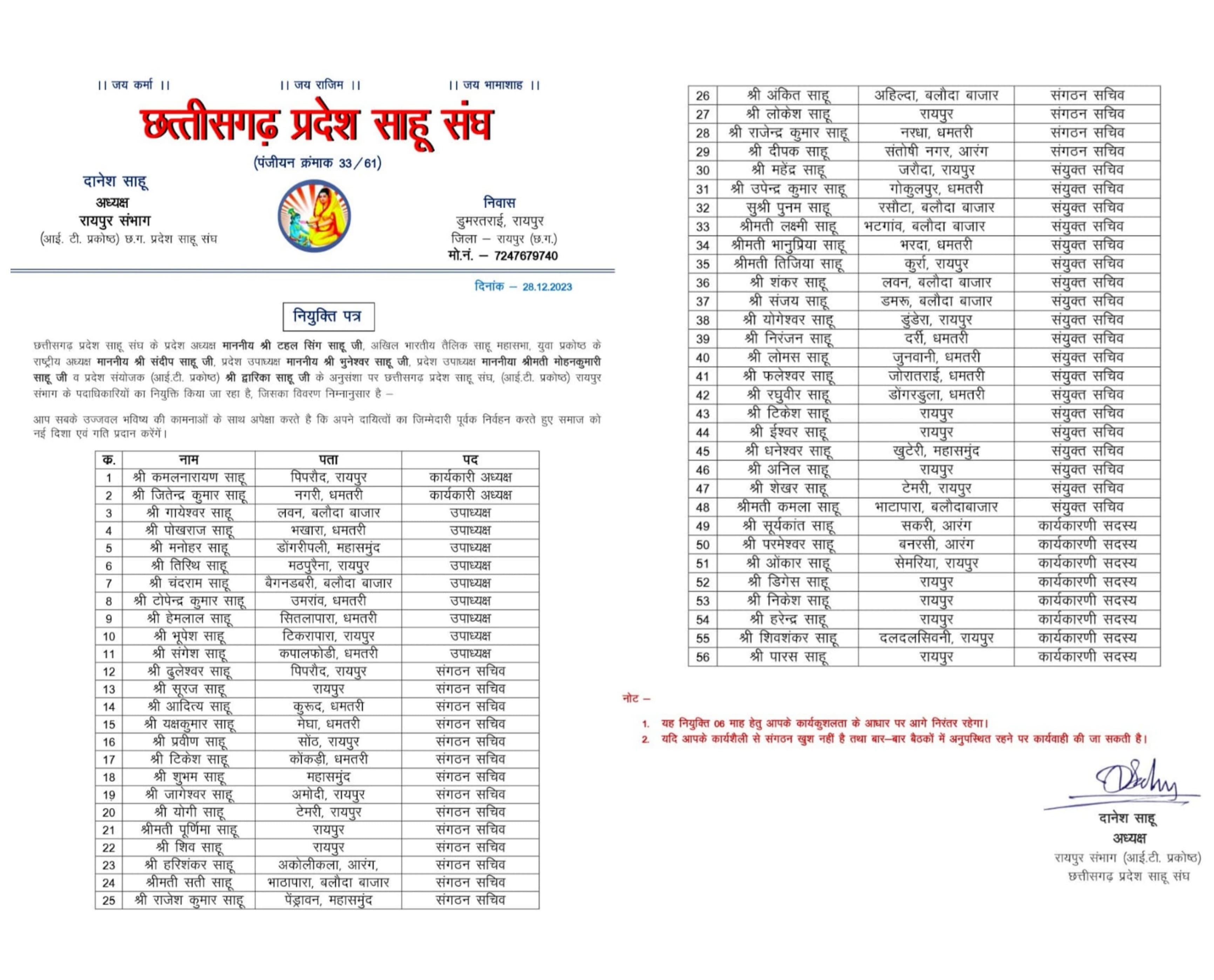 छत्तीसगढ़ प्रदेश साहू संघ रायपुर संभाग (आई. टी. प्रकोष्ठ) अध्यक्ष दानेश साहू ने अपने कार्यकारणी का किया विस्तार...
