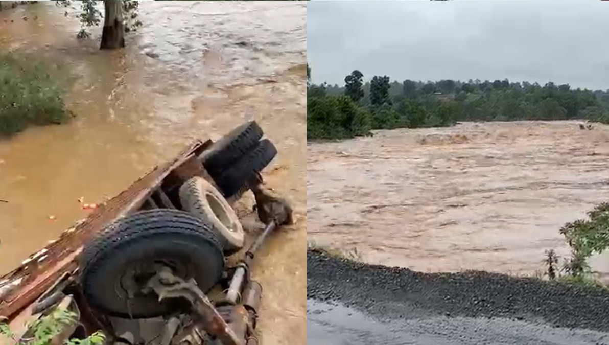 उफनती नदी में अनियंत्रित होकर पलटी ट्रक, चालक-परिचालक समेत 5 लोग बाल-बाल बचे