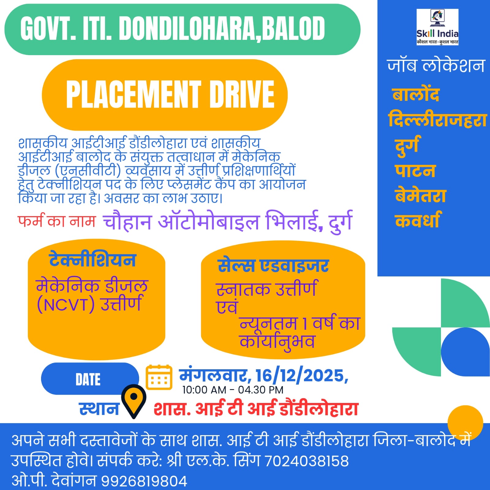 शासकीय आईटीआई डौंडीलोहारा एवं बालोद के संयुक्त तत्वाधान में सेल्स एडवाइजर पद के लिए प्लेसमेंट कैंप का आयोजन