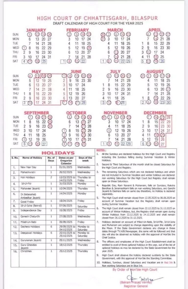 छत्तीसगढ़ हाई कोर्ट ने जारी किया 2025 का छुट्टी कैलेंडर