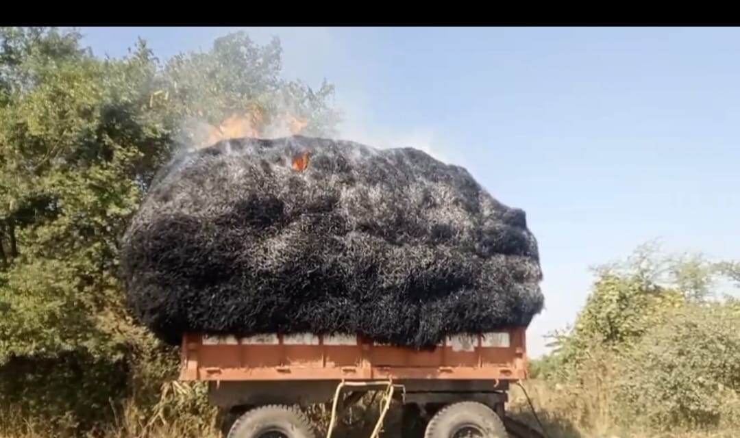 नांदल,  झूलती बिजली तार के जद में आया ट्राली पैरा जलकर खाक